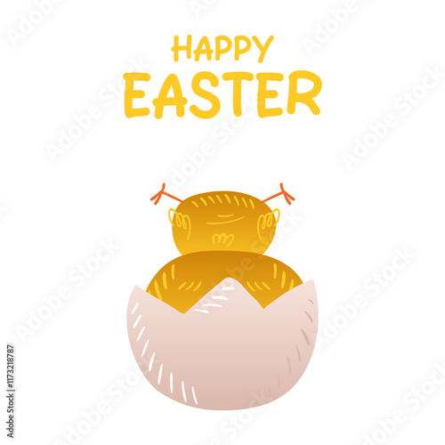 Happy easter greeting card template with funny newborn chick  stuck upside down in eggshell. Vector cartoon illustration isolated on white