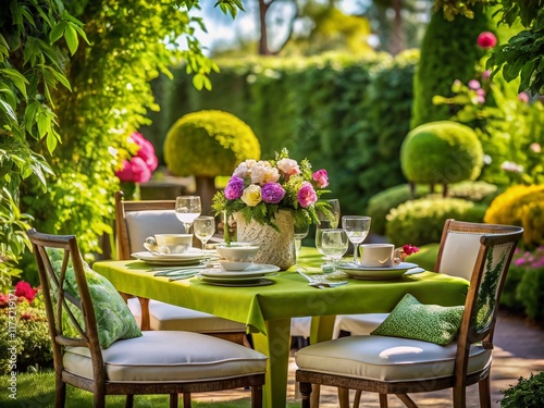 Elegant Outdoor Dining Set Lush Garden Greenery Wall Sophisticated Table Setting photo