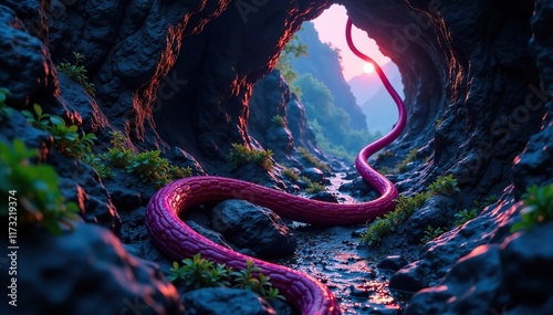 Licorice vine winding through a dark and mysterious cave, black, licorice, twisted