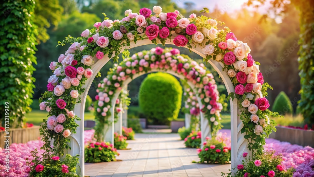 Fototapeta premium Elegant Pink Rose Archway with Circular Platform - Romantic Garden Portrait Photography