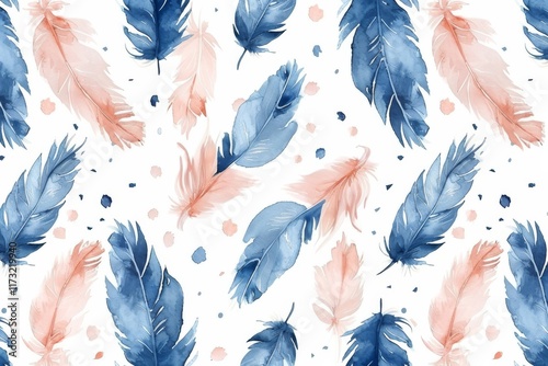Colorful watercolor feather pattern with soft blues and pinks for creative design projects