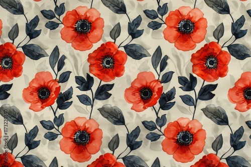 Beautiful red poppy floral pattern on a light background ideal for fabric and interior design projects