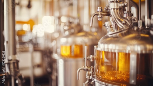 Professional brewing facility equipment featuring gleaming stainless steel tanks with amber liquid, showcasing the rich brewing process and craftsmanship in action. photo