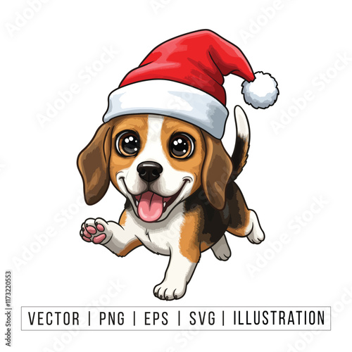 Cute Beagle Puppy in Santa Hat - Christmas Cartoon Vector Illustration