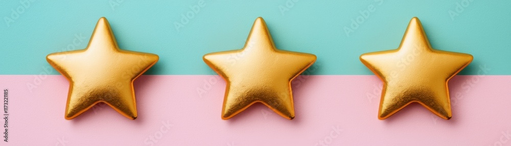 Three golden stars on a pastel background, conveying a sense of achievement, rating, or decoration in a vibrant and appealing design. Three golden stars on a pastel background, conveying a sense of achievement, rating, or decoration in a vibrant and appealing design.