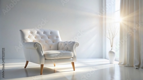 Elegant White Armchair Against White Wall: Minimalist Interior Design Stock Photo
