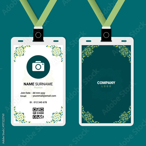 ID Card Design with Green Pastel Oriental Frame and Ornament Silhouette