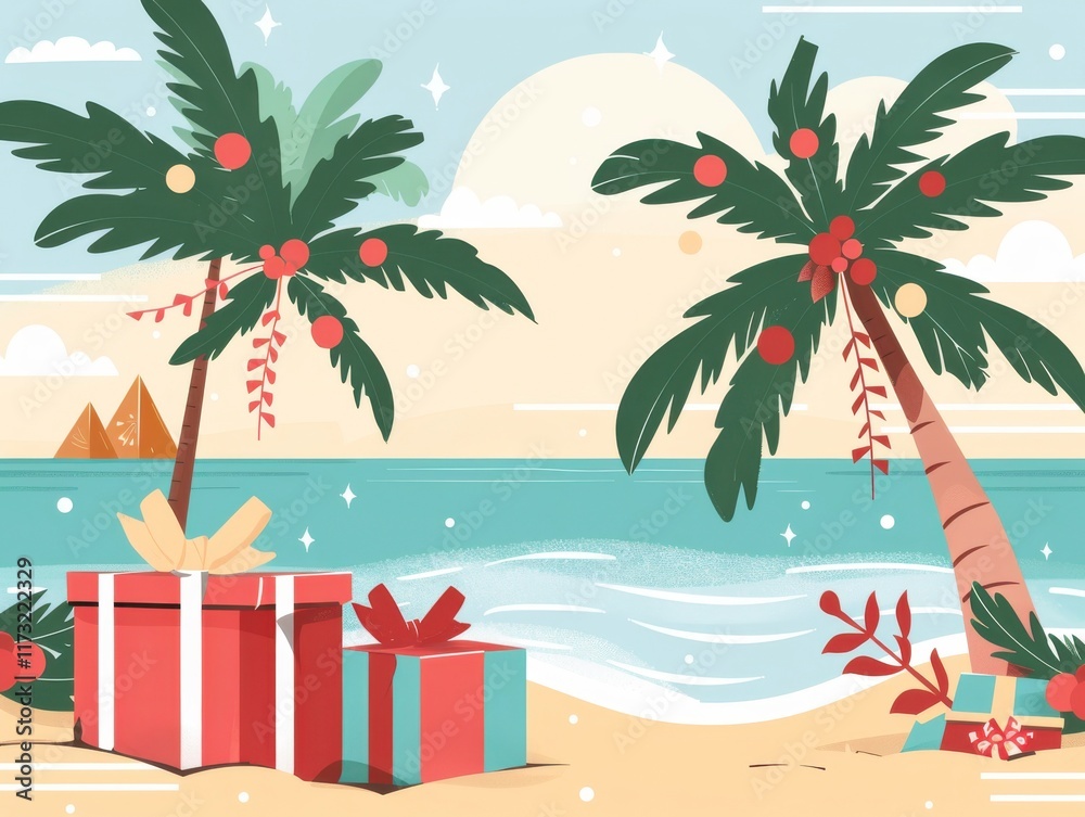 Obraz premium A vibrant beach scene featuring palm trees, colorful gifts, and a serene ocean backdrop, capturing a festive holiday spirit.