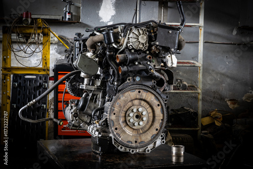 Used car engine placed on workbench in mechanical workshop