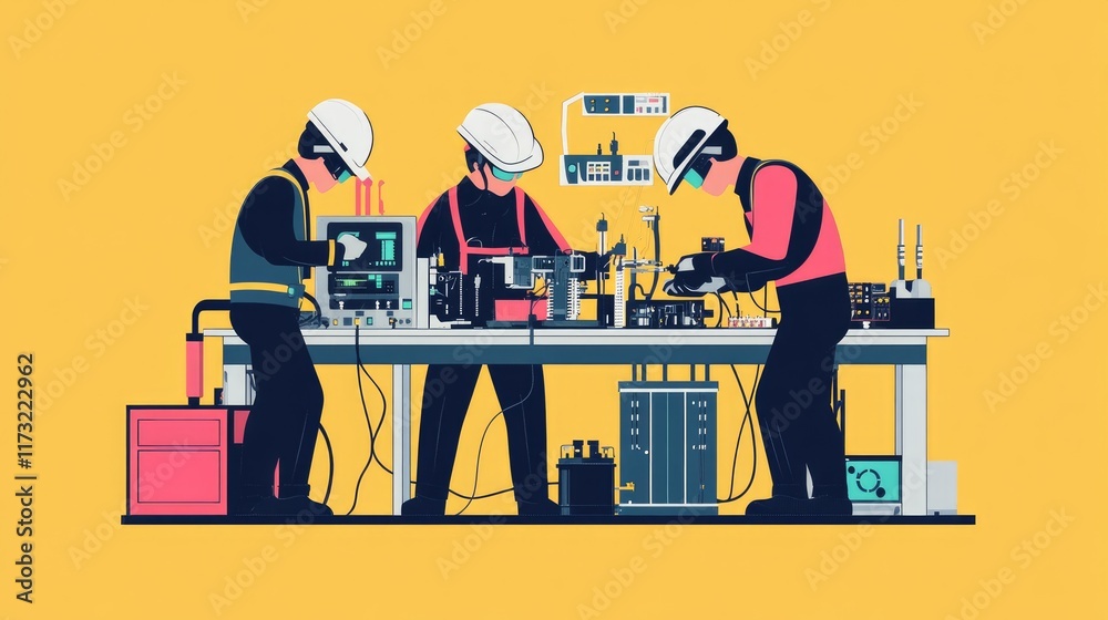 Engineers Working on Electronic Equipment in a Modern Workshop