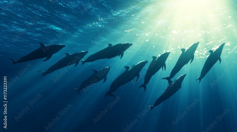 Obraz premium Sunbeams filtering through the rippling ocean surface illuminate a pod of dolphins gracefully swimming towards the light in the deep blue water