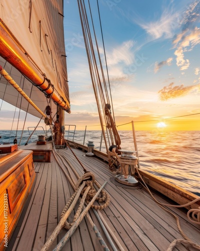 A sailing vessel glides over calm waters at sunset, with ropes and wooden deck highlighted in warm golden tones.