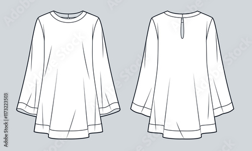 Tunic Dress technical fashion Illustration. Bell Sleeve Dress fashion flat technical drawing template, mini, long sleeve, relaxed fit, front and back view, white, women, men, unisex CAD mockup.