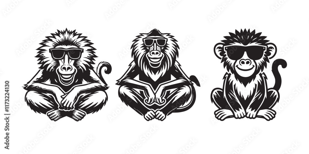 Cute baboon sitting wearing sunglass illustration vector, Set of Joyful baboon Clipart Art
Cute baboon sitting wearing sunglass illustration vector, Set of Joyful baboon Clipart Art