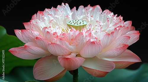 Pink lotus blossom with seedpod, dark background, close-up, floral decor