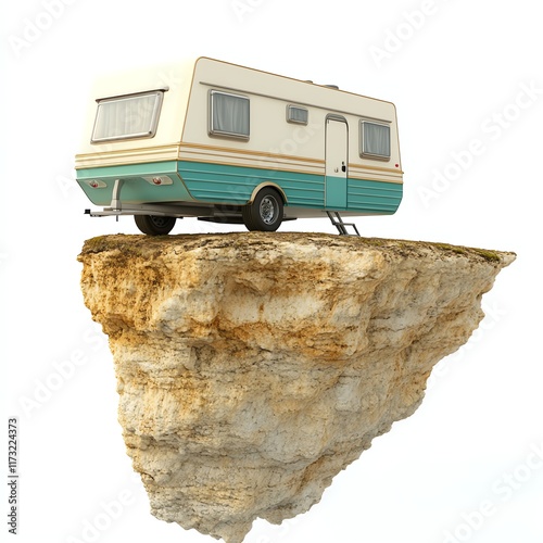 Retro camper van on floating rock, white isolated background. photo