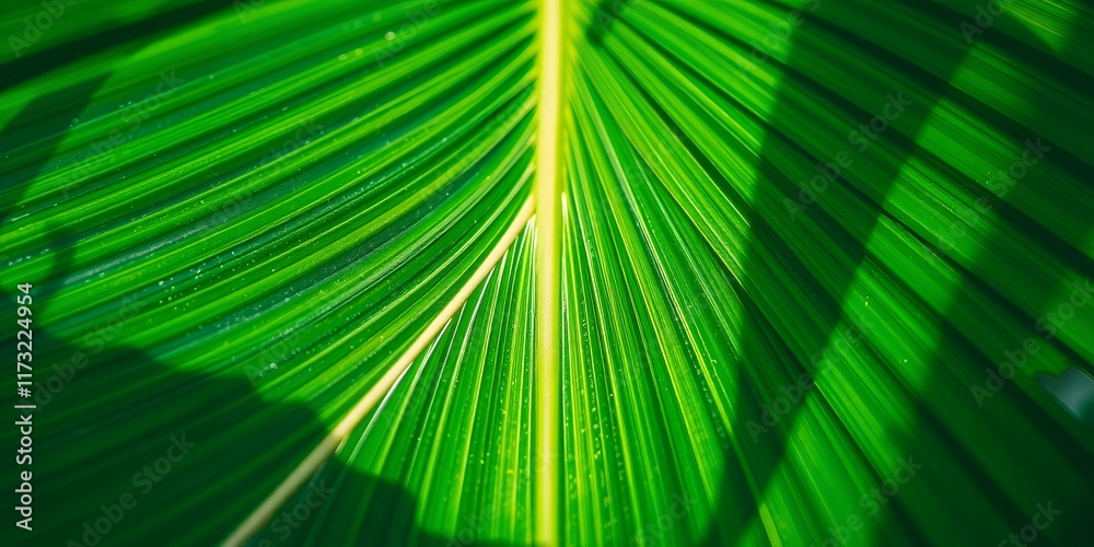 Obraz premium Vibrant Green Palm Leaf Texture Tropical Nature Background Close Up Detail
