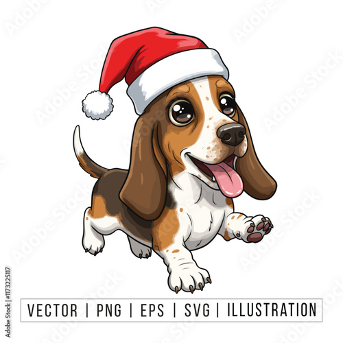 Cute Basset Hound Puppy in Santa Hat - Christmas Cartoon Vector Illustration