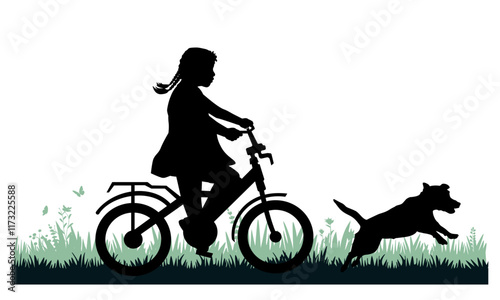 Children and pets silhouettes. Little girl on on a bicycle playing with a pet. Vector illustration.