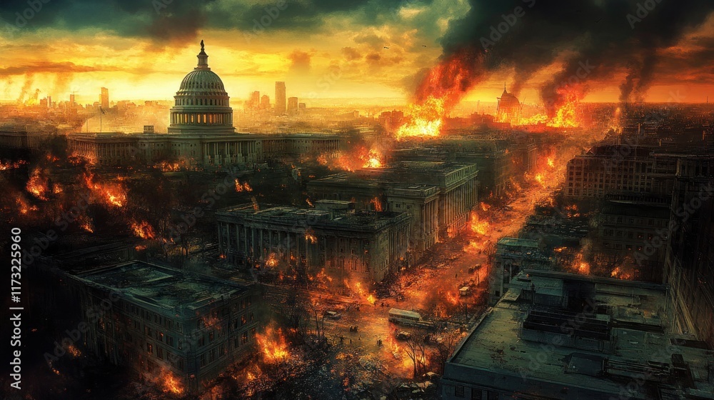 Obraz premium Post-Apocalyptic Washington D.C.: A City in Flames