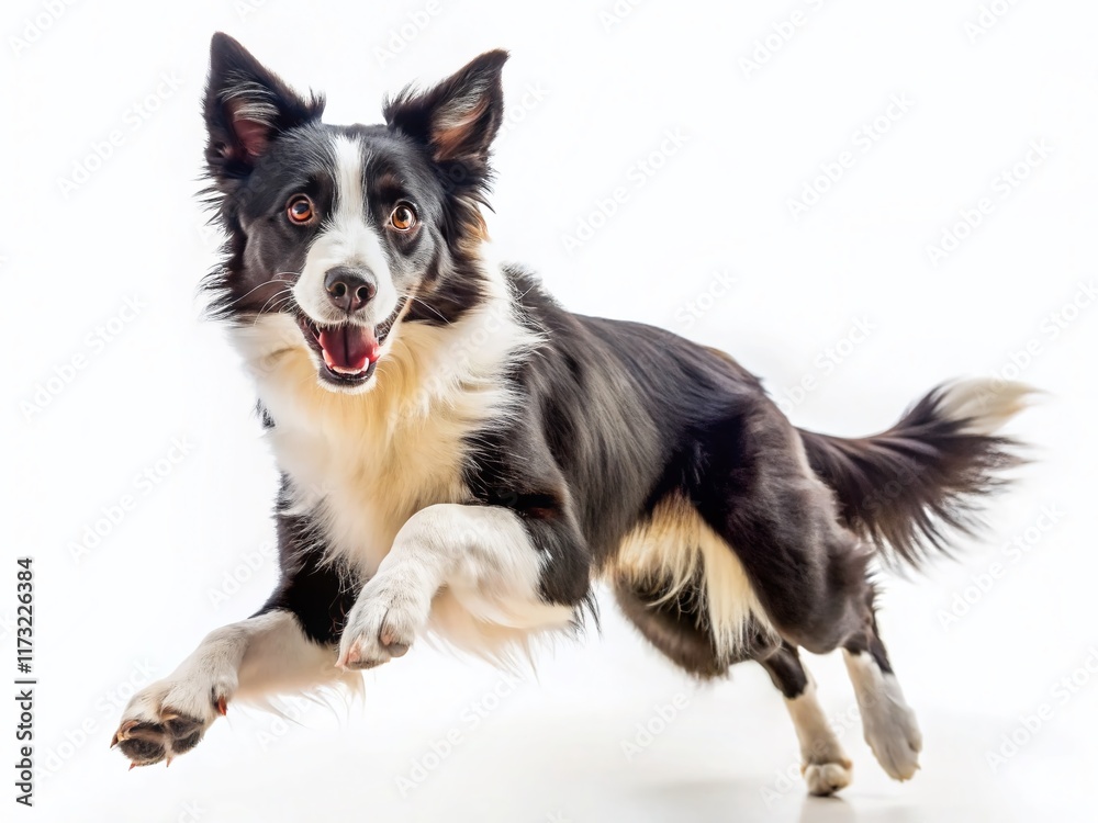Fototapeta premium Energetic Border Collie Dog Mid-Air Jump, Isolated on White Background - Stock Photo