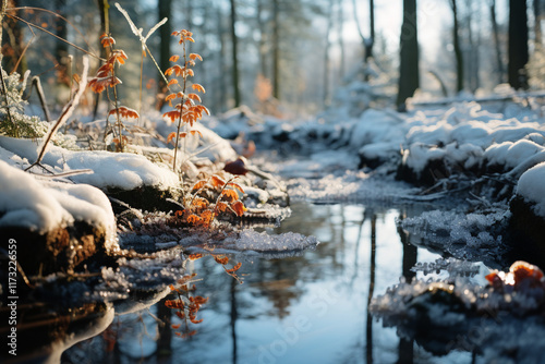 scene is enhanced by tranquil and motionless effect created when coldness of winter turns bodies of water into fragile layers of ice photo