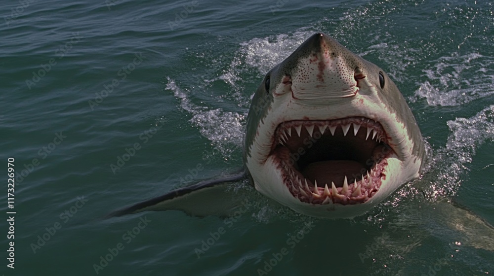 Obraz premium Great white shark swimming with open mouth, revealing sharp teeth, gliding through dark green ocean waters while ripples dance across the surface, embodying the essence of a powerful predator