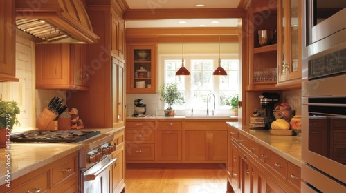 A warm, inviting kitchen with wooden cabinetry and modern appliances, designed for cooking.