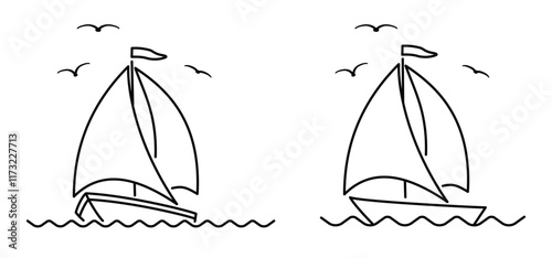 Cartoon sailboat and flying birds. sail boat line pattern. ship, fishing boats sign. Water transport concept. Maritime yacht boat. Water wave. Sailing ship for fun and holiday sports.