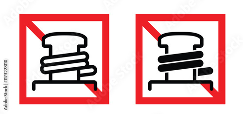 Cartoon mooring posts, or bollards icon. Prohibited to dock. No yachts, ship or sailboat to bollard mooring. For rope tied on pier. No boating. Haven or port and bollard angled sign