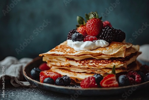 A stack of thin crepes beautifully served with berries and sour cream. Shrovetide, traditional Russian pancakes. Maslenitsa. Russian holiday photo