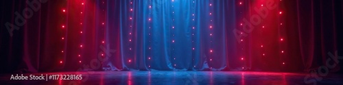 Softly glowing stage lights dance across the blackness behind a colorful curtain, glowing light, backdrop photo