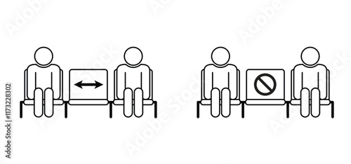 Social distancing, Keep your distance. Mpox, Corona virus epidemic protective. No, seating or seat, avoid crowds. Cartoon waiting room icon. Sit or wait on a chair.