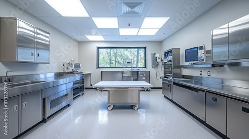 A hospital surgical room with clean stainless-steel surfaces, bright lights, and advanced equipment.