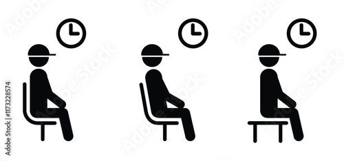 Cartoon waiting room icon. Doctor, office, patient waiting room with clock and chair. A waiting room or reception area is a room where people sit or stand for an appointment they are waiting for.