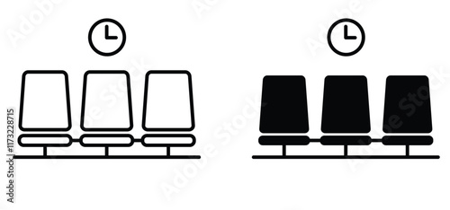 Cartoon waiting room icon. Doctor, office, patient waiting room with clock and chair. A waiting room or reception area is a room where people sit or stand for an appointment they are waiting for.