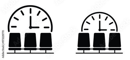 Cartoon waiting room icon. Doctor, office, patient waiting room with clock and chair. A waiting room or reception area is a room where people sit or stand for an appointment they are waiting for.