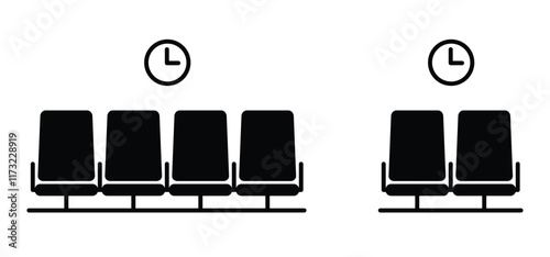 Cartoon waiting room icon. Doctor, office, patient waiting room with clock and chair. A waiting room or reception area is a room where people sit or stand for an appointment they are waiting for.