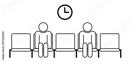 Cartoon waiting room icon. Doctor, office, patient waiting room with clock and chair. A waiting room or reception area is a room where people sit or stand for an appointment they are waiting for.