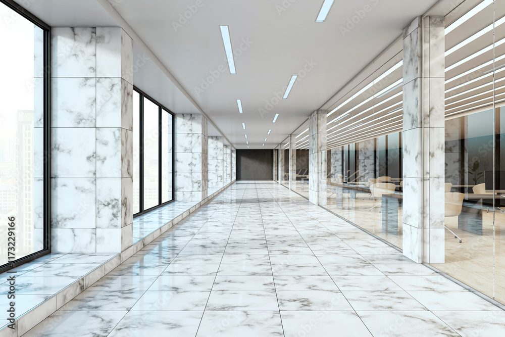 Modern marble office corridor with large windows and glass partitions on a bright day. 3D Rendering Modern marble office corridor with large windows and glass partitions on a bright day. 3D Rendering