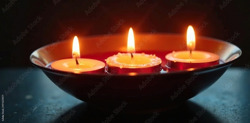Three candle flames reflected in shiny metal bowl, light reflection, candles Three candle flames reflected in shiny metal bowl, light reflection, candles