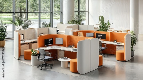 A hybrid workspace featuring a blend of cubicles and open seating to cater to different work preferences.