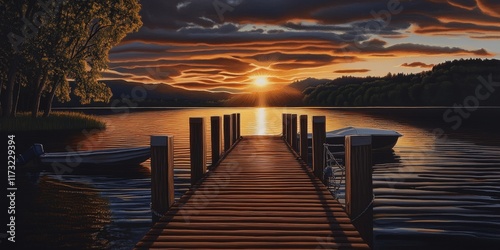This picturesque image shows a serene sunset over a tranquil lake, featuring a wooden dock and boats, evoking feelings of peace and natural beauty.