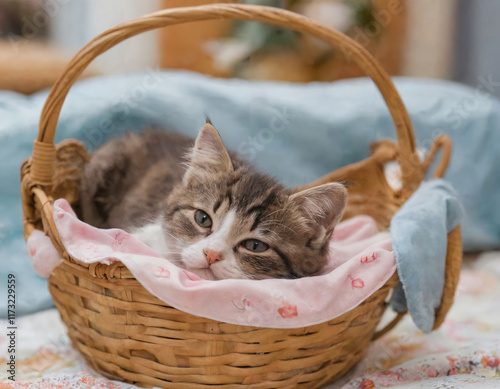 The kitten sleeps in the basket.
