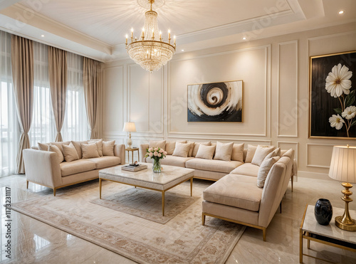 A close-up of a living room with a chandelier and a couch	
 photo