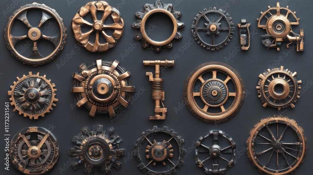 Fototapeta premium Various steampunk gears and mechanical components with intricate designs