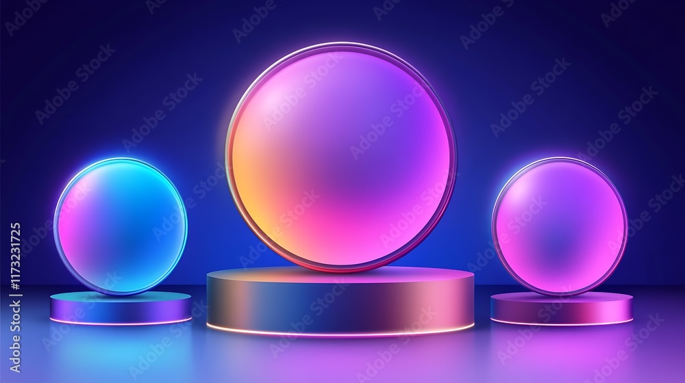Obraz premium Neon Illuminated Gradient Circles on Pedestals
