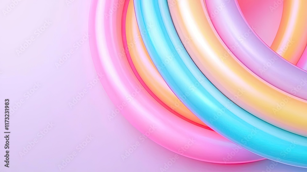 Neon abstract background concept. Colorful pool rings arranged in a playful pattern against a pastel background. Neon abstract background concept. Colorful pool rings arranged in a playful pattern against a pastel background.
