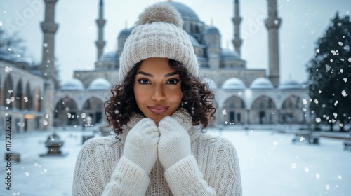 A smiling woman with curly hair, dressed warmly and surrounded by snowflakes, poses in front of a stunning mosque, epitomizing winter's beauty and joy. photo