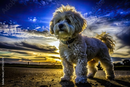 Elegant Bichon Havanais silhouettes against a dark background, dramatic lighting creating artistic canine portraits. photo